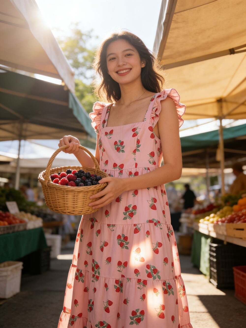 Women's Pink Strawberry Print Maxi Dress with Ruffle Straps